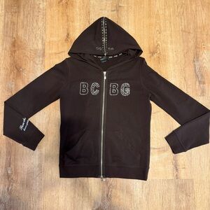 BCBGMAXAZRIA Brown Rhinestone Logo Hoodie Y2K McBling Zip Up Hood S